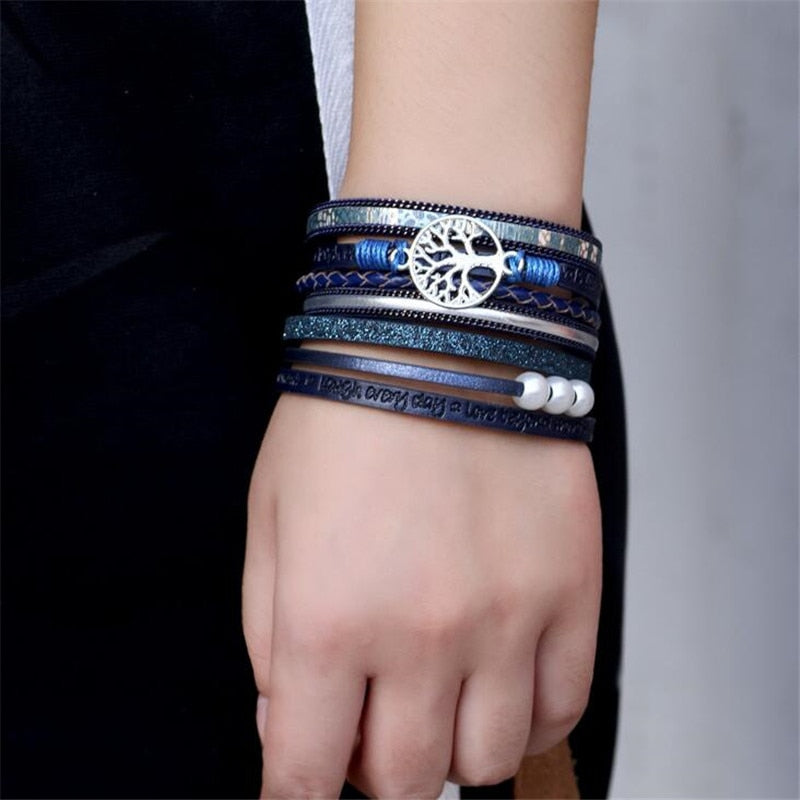 Chakra Tree Of Life Brazilian Leather & 3 Pearl Bracelet - The CU29™ Copper Company