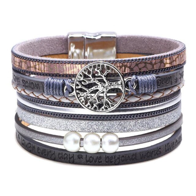 Chakra Tree Of Life Brazilian Leather & 3 Pearl Bracelet - The CU29™ Copper Company