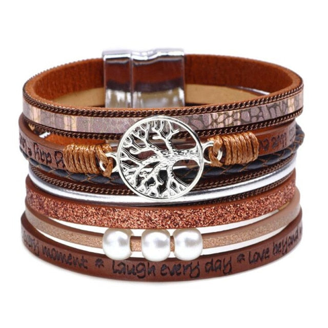 Chakra Tree Of Life Brazilian Leather & 3 Pearl Bracelet - The CU29™ Copper Company