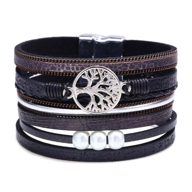 Chakra Tree Of Life Brazilian Leather & 3 Pearl Bracelet - The CU29™ Copper Company