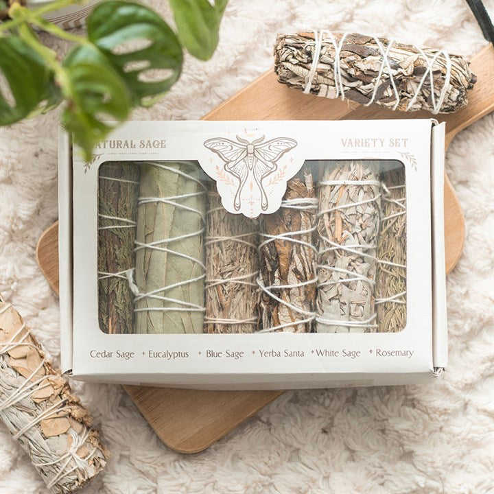 CU29 Living Sage Smudge Stick Variety Set – 6 hand-wrapped cleansing bundles in gift box with cedar, eucalyptus, white sage, and more