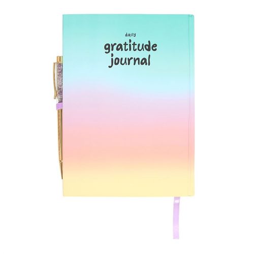 Multicoloured CU29 Living gratitude journal with gold amethyst pen – daily mindfulness and manifestation tool.