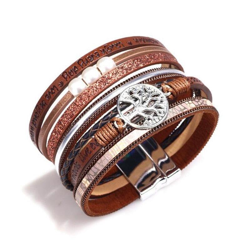 Chakra Tree Of Life Brazilian Leather & 3 Pearl Bracelet - The CU29™ Copper Company